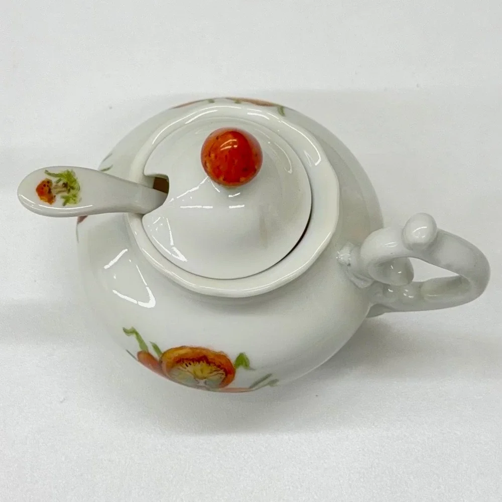 L Lancaster Hand Painted Mushroom Porcelain Jam Pot with Lid and‎ Spoon Vintage